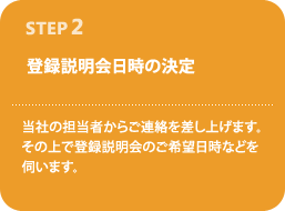 STEP2--登録説明会日時の決定--当社の担当者からご連絡を差し上げます。その上で登録説明会のご希望日時などを伺います。