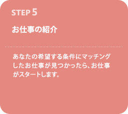 STEP5--お仕事の紹介--あなたの希望する条件にマッチングしたお仕事が見つかったら、お仕事がスタートします。